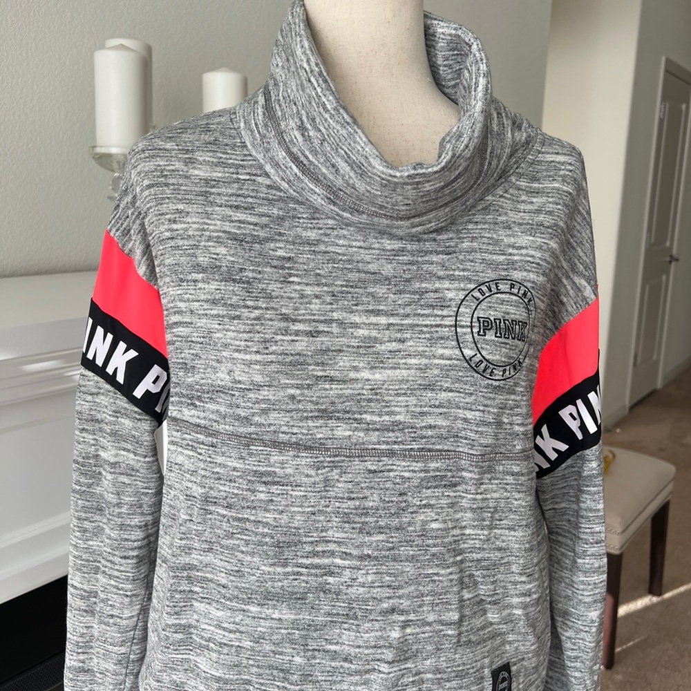 PINK Victoria's Secret Heather Gray Cowl Neck Sweater with Pink Accents